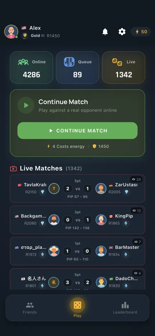 Online Backgammon home screen — live matches and matchmaking